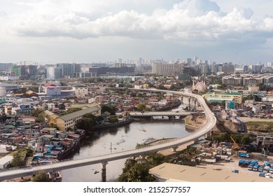 Metro Manila, Philippines - May 2022: The LRT Extension Project Traversing The Paranaque River.