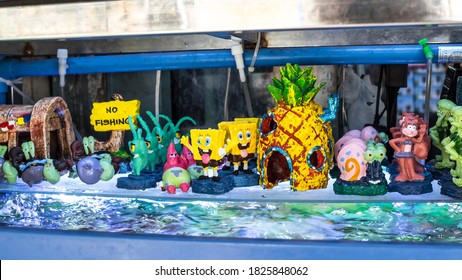Metro Manila, Philippines - Oct 2020: Spongebob characters as aquarium novelty decorations for sale at a local petstore in Cartimar.