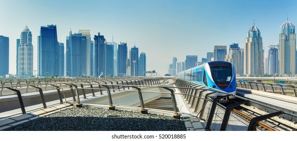 Metro railway and fully automated train in modern and luxury Dubai city,United Arab Emirates