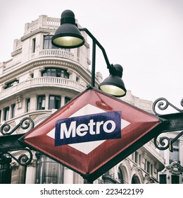 Metro sign in Madrid, Spain with retro effect