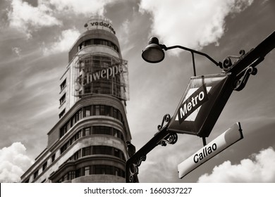 Metro sign in street in Madrid, Spain.