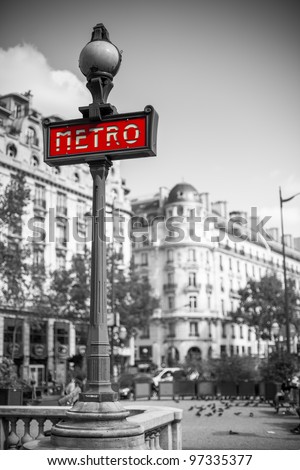 Metro sign for subway transportation in paris, france