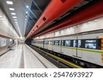 Metro subway station at the city center. Train with passengers stopped at the platfor, underground, perspective view