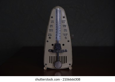 The metronome is a device that produces steady beats to help the musician play rhythmically. The photo was taken in Gomel, Belarus. January 15, 2022.