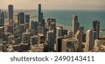 metropolis city skyline. aerial panoramic view on downtown cityscape. skyscraper aerial view. cityscape skyline. architectural building in metropolis. skyscraper architecture of chicago seaside city