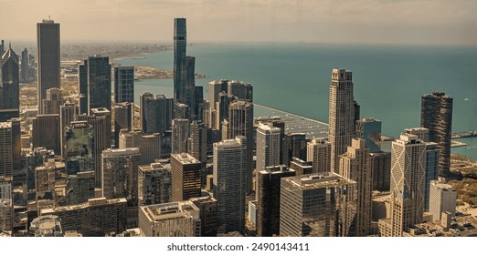 metropolis city skyline. aerial panoramic view on downtown cityscape. skyscraper aerial view. cityscape skyline. architectural building in metropolis. skyscraper architecture of chicago seaside city - Powered by Shutterstock