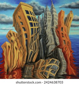 a metropolis melting into a dali esque dreamscape, with flowing buildings and impossible perspectives.