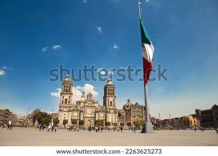 Metropolitan Cathedral at Zocalo main square and Mexican flag Mexico City 