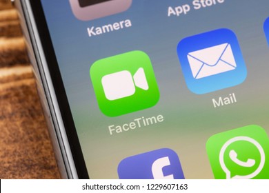 METTINGEN, GERMANY - NOVEMBER 9, 2018: Close up to facetime app on the screen of an iPhone X with personalized background
