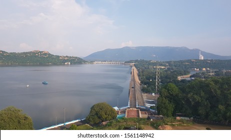 Mettur, Tamilnadu, India - September 01 2019: Wide angle beautiful view of the Mettur dam at it's full capacity during golden hours in the evening 