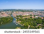 Metz, France. Esplanade Garden. Moselle River. Panorama of the city on a summer day. Sunny weather. Aerial view