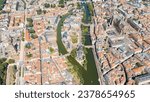 Metz, France. Moselle River. View of the historical city center. Summer, Sunny day, Aerial View  