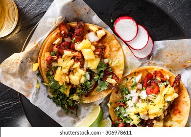 Mexican Al Pastor Street Tacos Overhead Shot Close Up