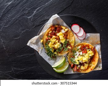 Mexican Al Pastor Street Tacos Shot From Overhead With Copy Space