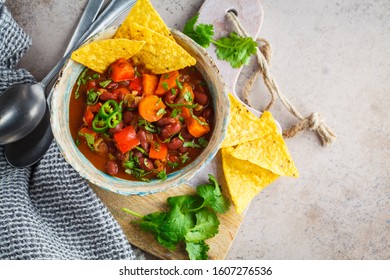 Mexican Bean Soup With Nachos. Healthy Vegan Food Concept.