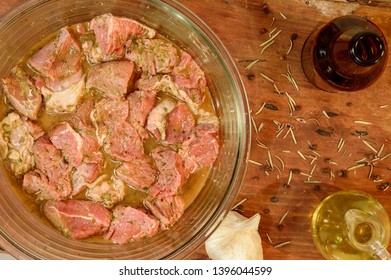 Mexican beef arrachera, marinating with herbs, spices and beer, copy space