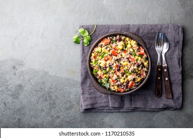 Mexican Black Bean Corn Quinoa Salad In Clay Bowl Top View, Copy Space.