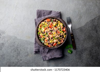 Mexican Black Bean Corn Quinoa Salad In Clay Bowl Top View, Copy Space.