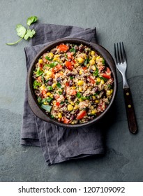 Mexican Black Bean Corn Quinoa Salad In Clay Bowl Top View, Copy Space.