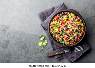 Mexican Black Bean Corn Quinoa Salad In Clay Bowl Top View, Copy Space.