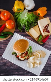 Mexican Burger With Chips And Avocado On Table Food With Ingredients In Mexico
