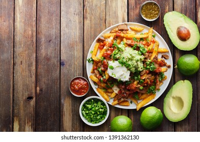 Mexican Carne Asada Fries In Copy Space Composition Shot From Birds Eye View