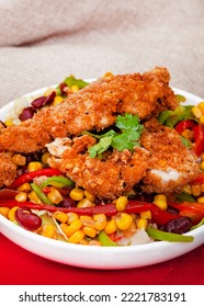 Mexican Chicken, Corn And Bean Salad On Mottled Grey With Copy Space