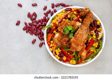 Mexican Chicken, Corn And Bean Salad On Mottled Grey With Copy Space