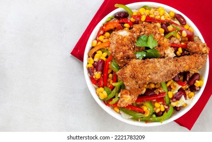 Mexican Chicken, Corn And Bean Salad On Mottled Grey With Copy Space