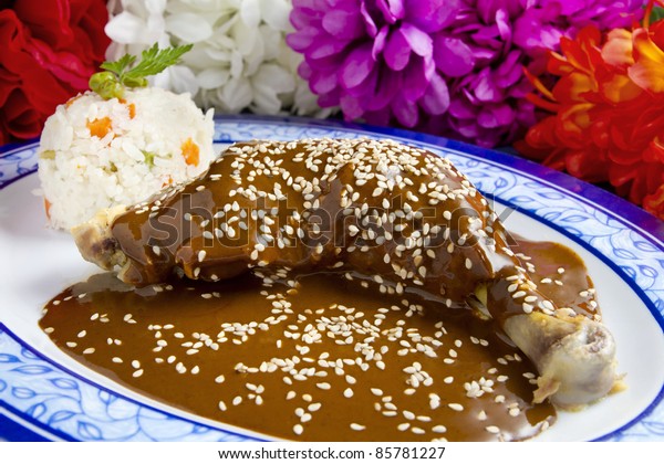 メキシコのモグラ メキシコのモグラ料理と鶏肉 チリとチョコレートを組み合わせ ゴマの種で味付けしたモルソース 白い野菜ご飯を横にして の写真素材 今すぐ編集