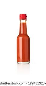 Mexican Chili Sauce In Glass Bottle On Isolated White Background 