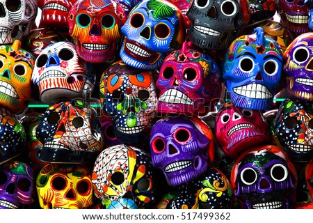 Mexican colorful skulls. Mexican / hispanic ceramic pottery Day of the Dead (Dia de los Muertos) skulls.