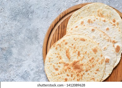 Mexican Corn Tortillas For Sentencing Tacos, Quesadilla, Fajitos, Tortilla. View From Above.