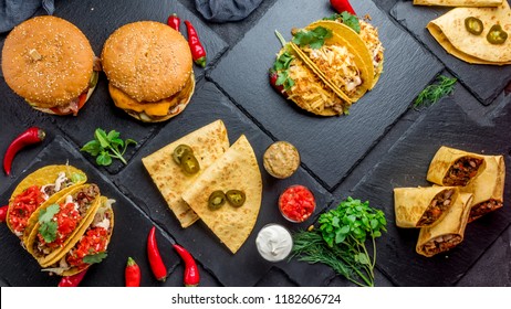 Mexican Cuisine Tacos, Quesadillas, Burrito, Burgers Top View
