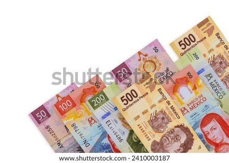Mexican currency denominations banknotes, such as 500, 200, 100, 50, 20 peso bills national cash