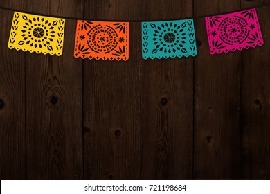 Mexican Day Of The Dead, Dia De Los Muertos Greeting Card, Invitation. Party Decoration, String Of Handmade Cut Paper Flags. Old Wooden Background. 