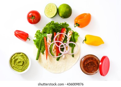 Mexican Fajitas Ingredients Isolated On White Background

