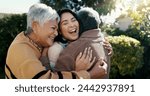 Mexican family, hug and smile for reunion, outdoors and love for support, retirement and care. Elderly parents and daughter, visit and happy in backyard, bonding and embrace for quality time at home