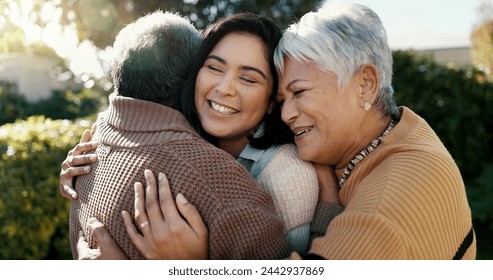 Mexican family, hug and smile for reunion, outdoors and love for support, retirement and care. Elderly parents and daughter, visit and happy in backyard, bonding and embrace for quality time at home - Powered by Shutterstock