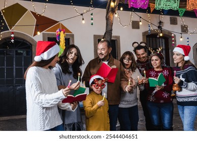 mexican family Singing carols on Christmas eve and celebrating traditional Posadas in Mexico Latin America, hispanic culture and people - Powered by Shutterstock