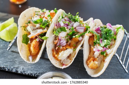 Mexican Fish Tacos In Metal Tray