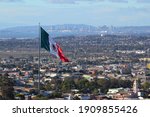 Mexican Flag, Between Mexico and USA - Tijuana, Baja California, Mexico and San Diego, California. 