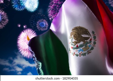 Mexican Flag With Fireworks, Independence Day, Cinco De Mayo Celebration