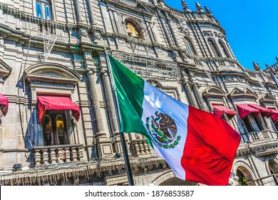 Mexican Flag Major Shopping Street Government Buildings Hotel Zocalo Puebla Mexico