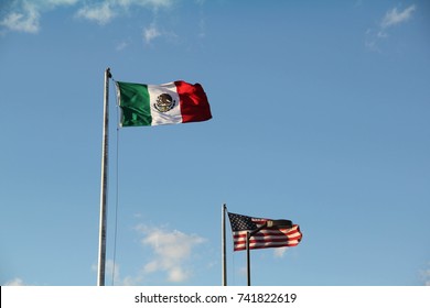 A Mexican Flag And A Flag Of The United States Of America, Marking The Border Between Ciudad Juarez, Mexico, And El Paso, Texas