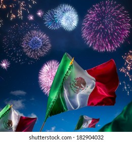 Mexican Flags With Fireworks, Independence Day, Cinco De Mayo Celebration