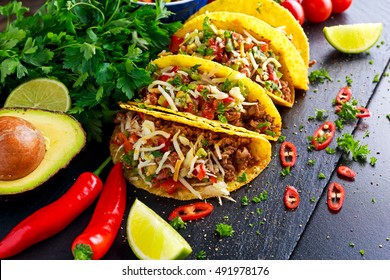 Mexican Food - Delicious Taco Shells With Ground Beef And Home Made Salsa