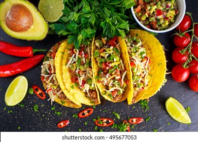 Mexican Food - Delicious Taco Shells With Ground Beef And Home Made Salsa