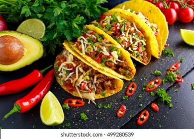 Mexican Food - Delicious Taco Shells With Ground Beef And Home Made Salsa