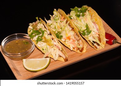 Mexican Food. Delicious Tacos Honey Mustard Chicken With Cole Slow Salad And Salsa Verde Sauce